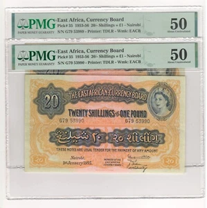 East Africa 20 Shillings 2 consecutive notes. PMG 50! Pick #35 1953-55 - Picture 1 of 5
