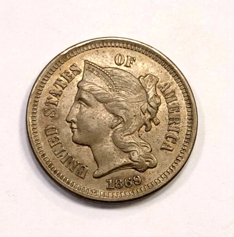 1869 Three Cent Nickel 3C XF Extra Fine Details - Scratches on Reverse Cover