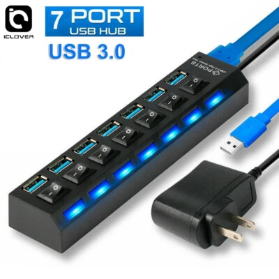 7 Port USB 3.0 Hub On/Off Switch High Speed Splitter AC Adapter Cable PC Laptop - Image 1 of 4