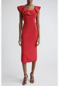 NWT $1990 Carolina Herrera Ruffle Neck Sleeveless Crepe Pencil Dress, CRIMSON! - Picture 1 of 6