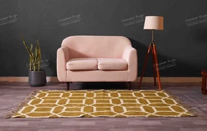 Handmade Wool Jute Kilim Rug, Yellow Dhurrie With White Design Rug Fringes Rug - Picture 1 of 7