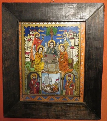 ICÔNE ORTHODOXE ROUMAINE fixé sous verre ancienne  - 23,5 cm X 19 cm - Photo 1/3