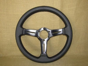 13" Three Spoke Black on Black Steering Wheel ~ Carbon Fiber Look ~ 6 holes NEW - Picture 1 of 9