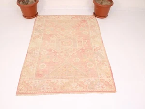 Vintage Rosa Beige Akzent Teppich Verblasst Pfirsich Wolle Handgeknüpft 4,3x5,6 Fuß - Bild 1 von 10