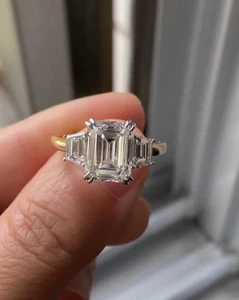 3ct Emerald Lab Grown Diamond Trilogy Ring IGI 14K Yellow Gold Three Stone ring - Picture 1 of 8