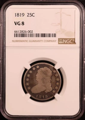 1819 Capped Bust Silver Quarter "Small 9" - NGC VG8 - Tougher Date & US Type! - Image 1 of 4