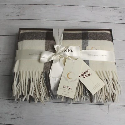 Luna Cashmere Wool Plaid Throw Blanket Made in Italy Cream Brown Beige Gray - Image 1 of 4