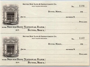 Butte, MT - Silver Bow Land & Improvement Co. National Bank Check Sheet 1910 - Picture 1 of 2
