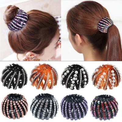 Women Rhinestone Lazy Hair Claw Ponytail Buckle Hair Bun Clip Bird Nest Hairpin, - Image 1 of 4