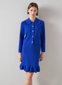 LK BENNETT KNITTED SUIT TOP CARDIGAN 16 XL 44" Bust. BLUE BNWOT SHORT SKIRT - Picture 1 of 13