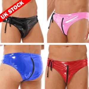 UK Mens Wet Look PVC Leather Briefs Drawstring Low Rise Zipper Underpants Thongs - Picture 1 of 58