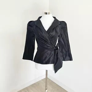 Carla Zampatti 3/4 Puff Sleeve Wrap Blouse Tie Waist V Neck Satin Black Size 8 - Picture 1 of 10