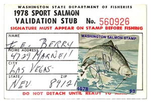 Vintage WA. State Dept. Of Fisheries 1978 Sport Salmon Validation Stub W/Stamp - Picture 1 of 2