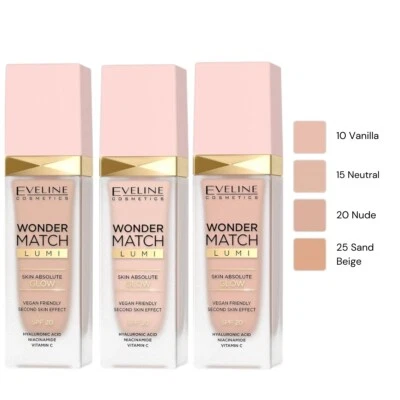 Eveline Wonder Match Lumi Foundation Glow Skin Finish SPF20 Vegan 30ml - Image 1 of 3