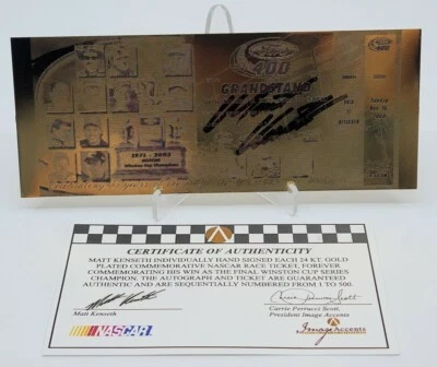 Billete Ford 400 NASCAR MATT KENSETH AUTOGRAFIADO FIRMADO CHAPADO EN ORO 24K CERTIFICADO DE AUTENTICIDAD/500 Foto 1 de 4