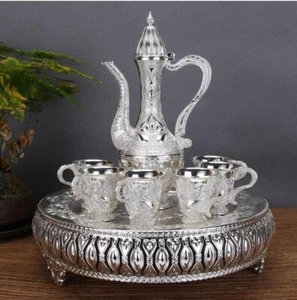 Vintage Turkish Tea Set Metal Coffee Water Set Silver Decor 1 Plate 1 Pot 6 Cup - Picture 1 of 10