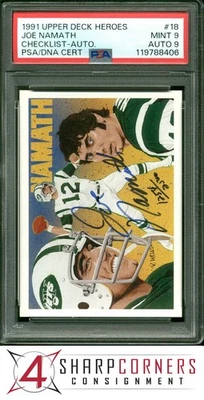 1991 UPPER DECK HEROES AUTO #18 JOE NAMATH HOF CHECKLIST #/2500 PSA 9 DNA AUTO 9 - Image 1 of 4