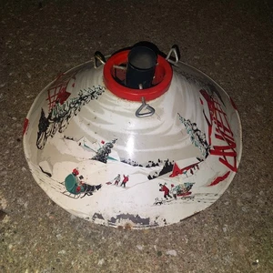 Vintage Metal Christmas Tree Stand Holiday Scene Winter Barn Sleigh Mid Century - Picture 1 of 8