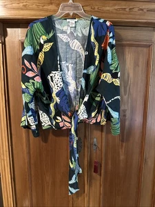 Christian Siriano Cropped Kimono Top Tie Front Tropical Jungle Print LinenBlend  - Picture 1 of 10