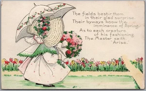 Postcard Girl with Flowers in Garden Spring Verse Embossed Alcan Moss Publishing - Picture 1 of 2