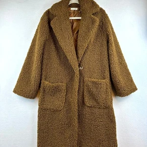 Max Studio Teddy Sherpa Brown Coat Womens Medium Cozy Chic Boho Hippie Mod - Picture 1 of 11