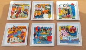 Crate & Barrel 6 Road Trip Appetizer Plates Chicago Seattle Frisco DC 5 3/4" sq - Picture 1 of 15