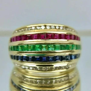 4.00Ct Princess Cut Lab Created Ruby Emerald Wedding Ring 14K Yellow Gold Plated - Picture 1 of 4