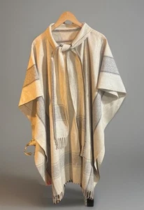 Vintage Maxi Cape Cloak Wool Natural Cream & Grays Attached Scarf One Size Women - Picture 1 of 12