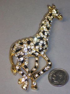 GROSSE 3 5/8 ZOLL HOHE GIRAFFE ANSTECKNADEL MIT FUNKELNDEN STRASSSTEINEN & SCHWARZER EMAILLE - Bild 1 von 5