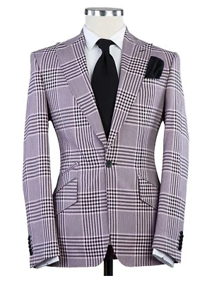 Trajes de hombre a cuadros calce ajustado solapa pico esmoquin formal novio pecho único Foto 1 de 4