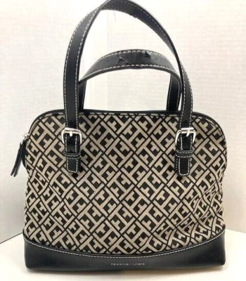 Tommy Hilfiger Navy Black & Gray T's 14" H X 13" Long Satchel Purse pre-owned - Image 1 of 4