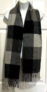V. Fraas 100% Cashmere Black & Gray Plaid Rectangular Scarf 12" X 68" Fringed - Picture 1 of 5