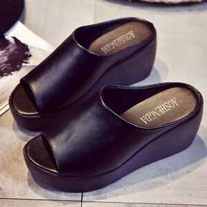 Women Sandals Platform Wedge PU Leather Mules Open Toe Slides Slipper Shoes Size