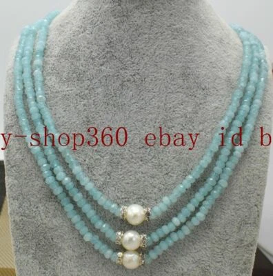 Fine 2x4mm 3 Row Aquamarine Blue Faceted Rondelle Gemstone Beads Necklace 17-19" - Image 1 of 4