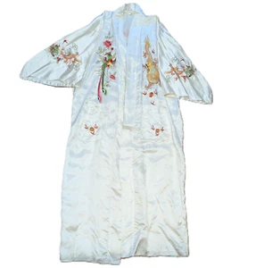 De Colección Bata Abeja Dorada Para Mujer S Blanco Satinado Asiático Bordado a Mano Kimono Abierto - Imagen 1 de 6