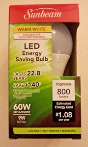 Sunbeam Led 9w Bulbs Warm White Medium Base A19 60w Replacement 800 Lumens NEW - Picture 1 of 1