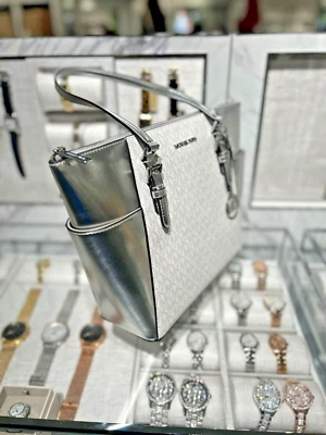 Michael Kors MK Signature Charlotte Large Bag Tote Shoulder Purse Handbag Silver - Image 1 of 4