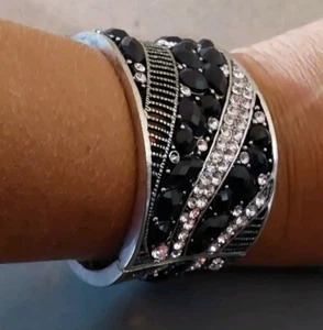 Rhinestone Bangle Cuff Bracelet 1.5'' High Textured Black Diamonds Costume - Picture 1 of 7