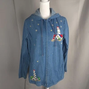 Vintage Quacker Factory Jacket Womens M Blue Denim Hooded Coastal Lighthouse - Picture 1 of 13