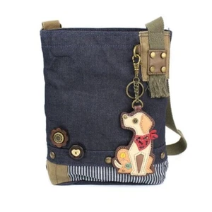 New Chala Patch Crossbody Messenger Bag Denim Navy Blue Dog YELLOW LABRADOR - Picture 1 of 7