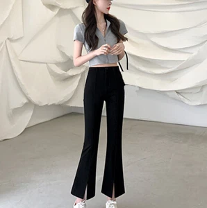 Women Bell Bottom Flared Pants Front Slit Ankle Trouser High Waist Button Zipper - Picture 1 of 13