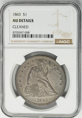 Dólar libertad sentada 1843 $ AU detalles NGC 950203-39 Foto 1 de 4