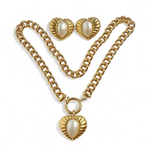 Vintage Faux Perle Puffy Herz Goldton Kette Halskette & Ohrringe Set - Bild 1 von 9