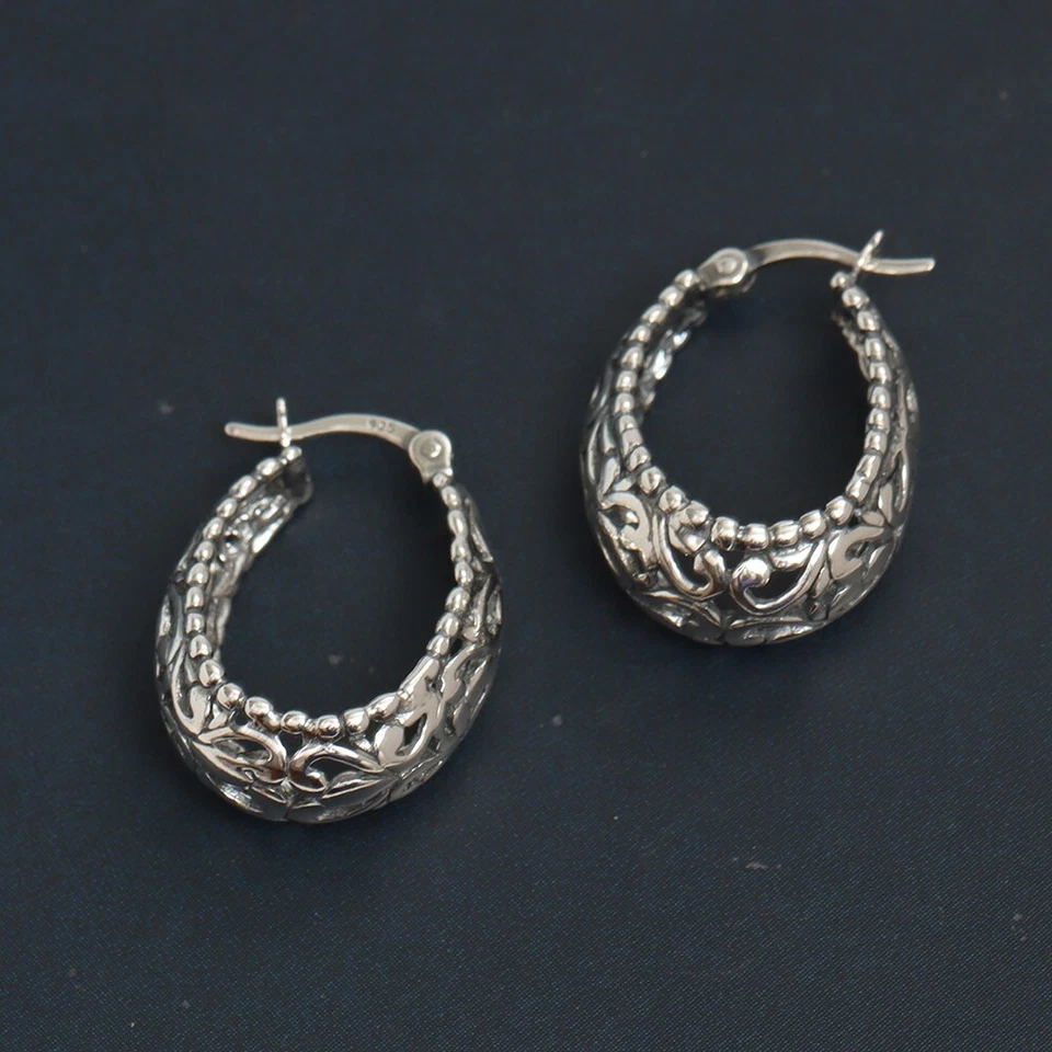 925 Sterling Silver LightWeight Small Oval Filigree Hoop Earrings for Women 25MM - Image 1 of 4
