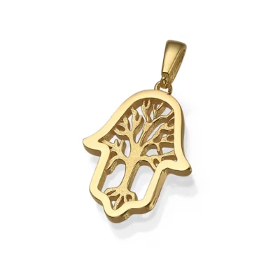 Hamsa & Tree of Life Protection Pendant Jewish Charm Israeli Jewelry in 14K Gold - Image 1 of 4