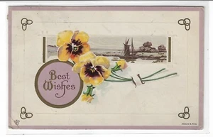 ANTIQUE Post Card Best Wishes Yellow Pansies 1915 - Picture 1 of 2