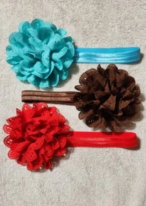 Infant Headband Hair Accessory 3pc Flower Elastic Red Teal Brown - Picture 1 of 9
