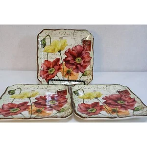 Pier 1 Imports Earthenware Le Fleur Poppies Square Dinner Salad Plates Lot of 3 - Picture 1 of 4