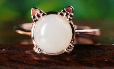 C10 Anello Gatto Bianco Giada Placcato IN Oro Rosso Argento Sterling 925 - Immagine 1 di 4