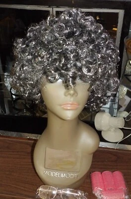 OLD LADY,GRANDMA 5PC.CURLY GRAY WIG,ROLLERS,GLASSES,NECKLACE&RETAINER: ADULT - Image 1 of 4